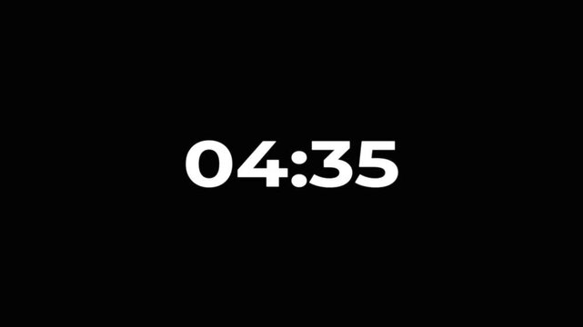 5Minute countdown animation on black background.Digital Countdown timer one minute animation from 300to0 seconds on transparent background.5 minutes countdown timer animation.4k video black background