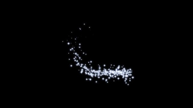 Magic sparkle dust path with fast glitter motion lines glowing doodle stars, glitter line trail sparkling particle on black screen. stars, magic dust, pixie dust path, twinkling stars animation.