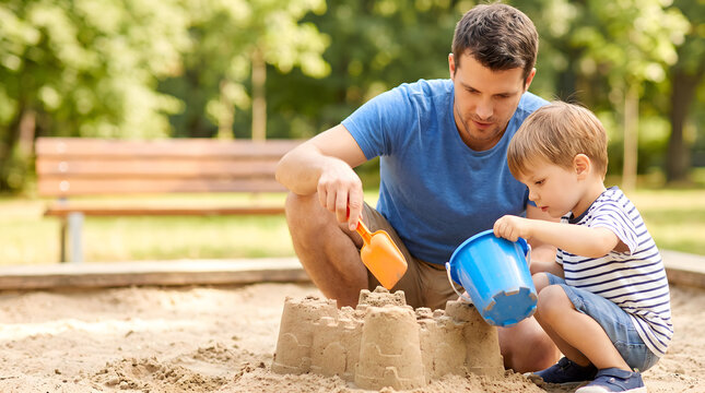 Father and toddler building a sandcastle together in a park sandbox on a sunny day