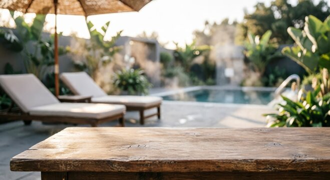 Outdoor Pool Area with Wooden Table and Lounge Chairs for Relaxation Concept