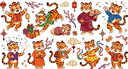 Obraz premium Cute Chinese New Year Tiger Vector Clipart Bundle Featuring Kawaii Zodiac Cubs with Lanterns Ribbon Dance Sparklers and Gift Boxes for Lunar Festival Banner Designs