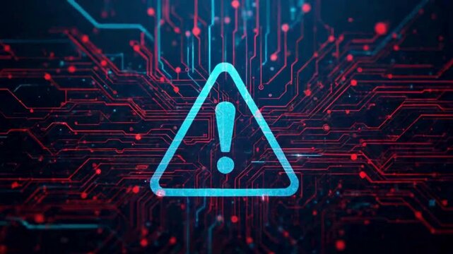A digital warning icon with an exclamation mark is displayed against a dark tech background filled with circuit-like lines and glowing red nodes.