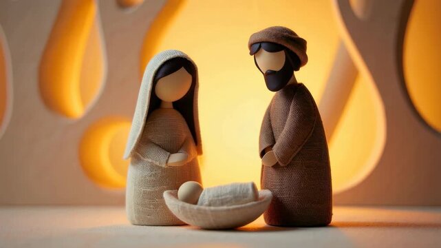 Handcrafted nativity scene with holy family figurines, newborn in manger, warm golden cave backdrop, christmas religious decor, biblical birth story, peaceful holiday faith setting, sacred