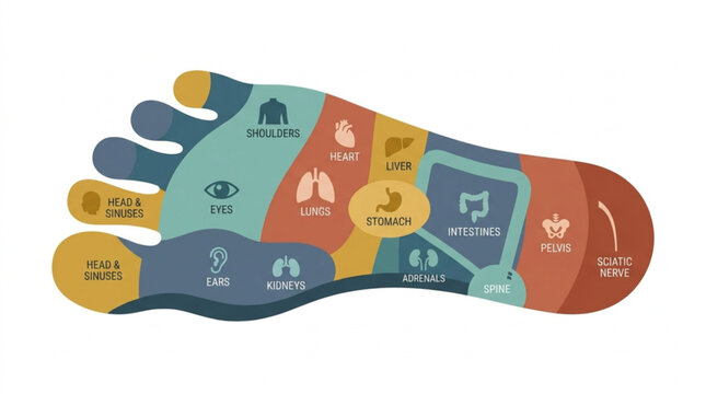 illustration of human foot with detailed acupuncture points and organs in vibrant colors for health therapy education and traditional medicine