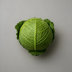 Fototapeta premium Fresh green savoy cabbage head with textured leaves, healthy eating and organic vegetable concept, top view on a gray background