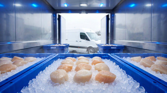 Fresh Scallops on Crushed Ice in Refrigerated Truck During Seafood Cold Chain Transport