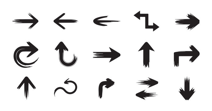 Hand drawn arrow icons set grunge style brush strokes arrows collection on transparent background.