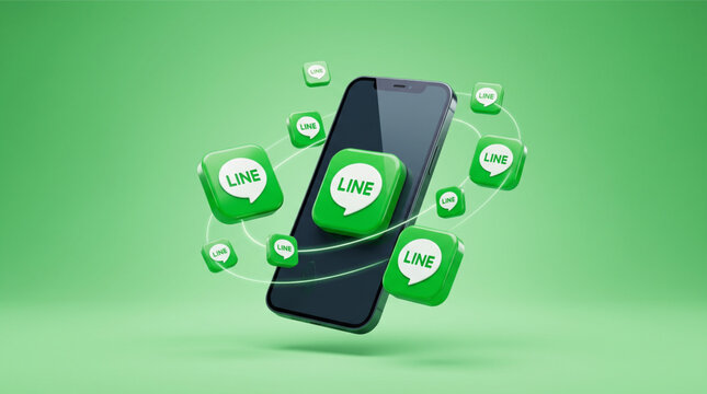 LINE Social Media Messenger Mockup. Template with 3D floating speech bubble icons around a smartphone screen. Mobile app logotype and communication interface concept on green studio background.