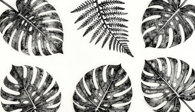 Set of grunge textured vector black ink hand dawning tropical leaves, fern, monstera leaf. Artistic paintbrush botanical elements for textile pattern design, greeting card, logo 