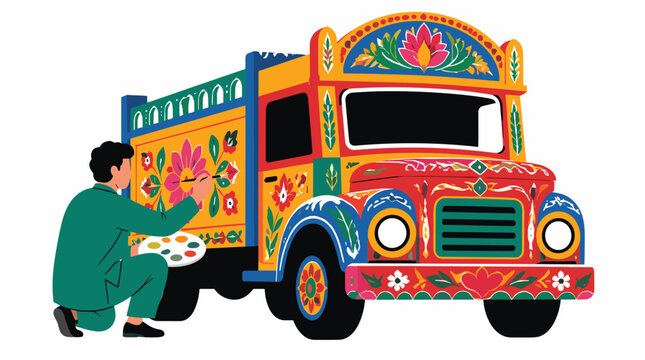 Colorful decorated bus being painted by artist.