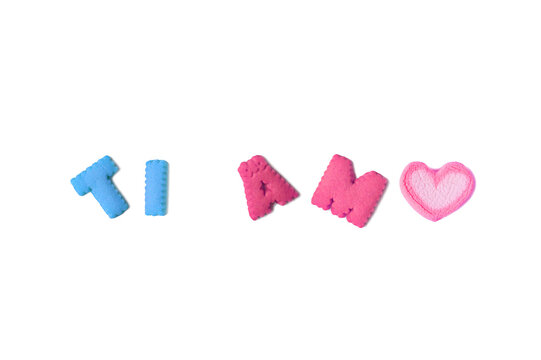 TI AMO, meaning I LOVE YOU in Italian spelled with blue and pink alphabet cookies and marshmallow on transparent background, png file