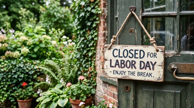 Closed for Labor Day Rustic Wooden Sign on Storefront Door