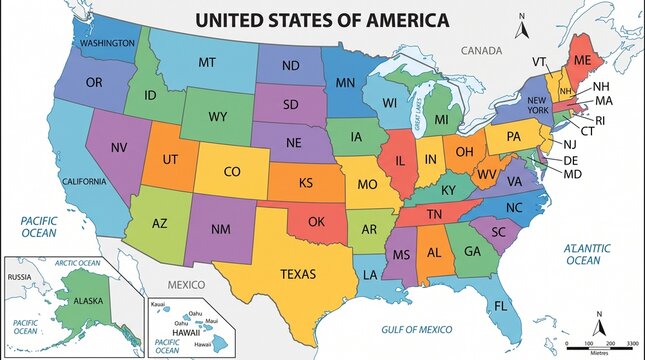 Colorful US Map with State Abbreviations for Educational School