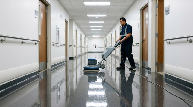 A cleaning staff member operates a floor polishing machine in a hospital hallway.