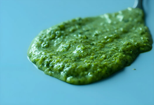 Fresh green pesto sauce spread on a light blue plate, close up view of a healthy italian food ingredient, the close up view highlights the vibrant texture and rich flavor of the culinary paste