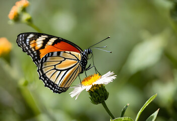 Fototapeta premium Monarch butterfly with orange and black wings perched on a white flower, Pollination and nature