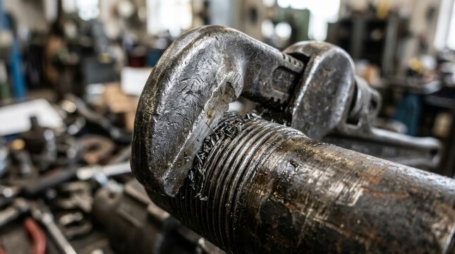 This is a close up of a rusted heavy metal bar with a threaded shaft.