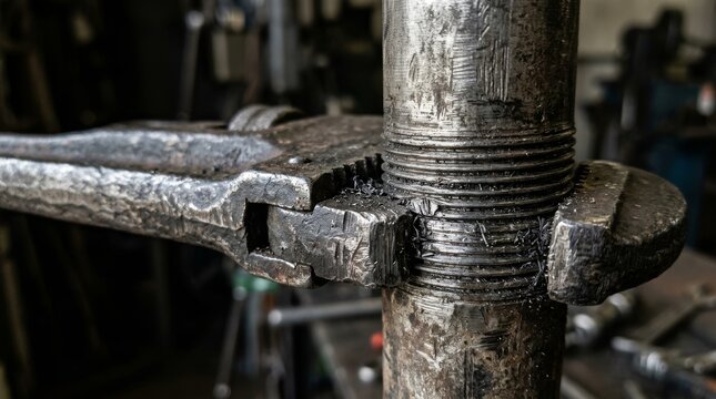 This close up shows a large threaded metal rod mounted in a rough base.