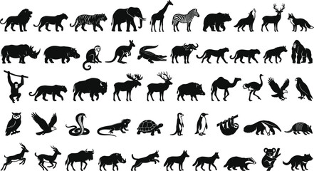 Obraz premium PrintWild Animals Solid Black Silhouette Icon Set featuring Safari Predators Mammals Birds and Reptiles in Distressed Ink Texture for Wildlife Nature Vector Graphic Designs