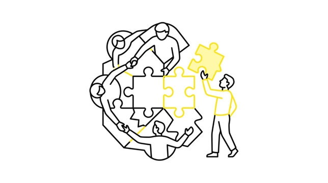 Teamwork concept, people assembling puzzle pieces together