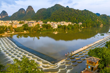 Fish Scale Dam and Karst Mountains in Guilin, Guangxi, China © TrieuHao