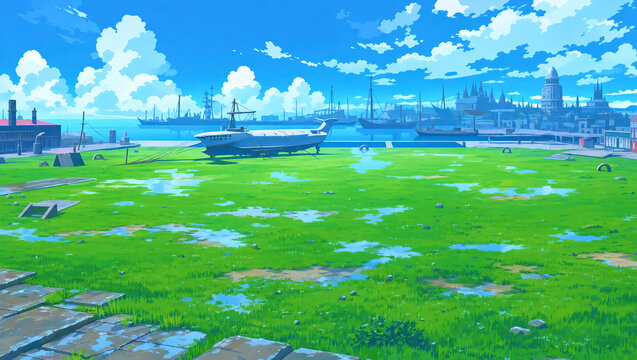 広場、セル画調、イラスト、アニメ背景、動画用素材、背景
