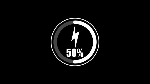 Battery charging indicator progressing from ten to ninety percent on black background video power energy
