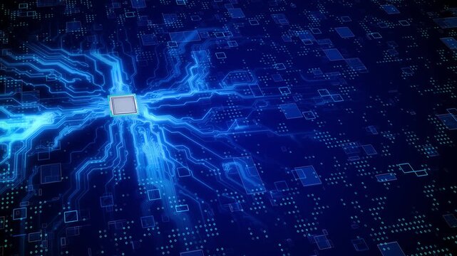 Blue circuit board glowing processor, bright traces, digital technology depth across a dark layout. AI , cyber security promos, hardware presentations, software intros, data visuals, tech overlays.
