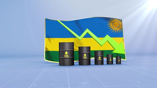 Rwanda Oil Price Falling with Oil Barrels Downward Green Arrow and 3D Financial Data Visualization Graphs for Economy and Business Concept
