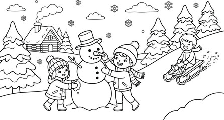 Naklejka premium Happy children building a snowman and sledding down a hill coloring book page vector illustration in winter forest landscape background