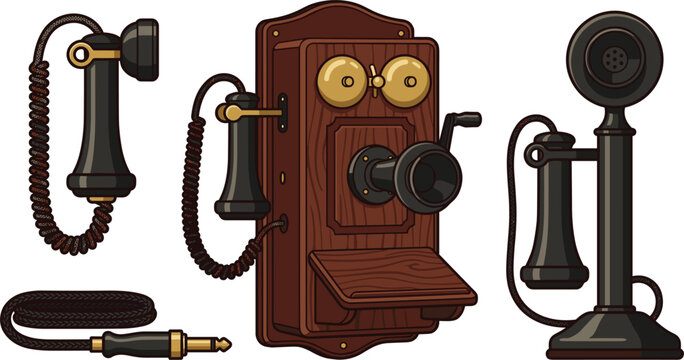 Antique Vintage Telephone Vector Set Featuring Wooden Wall Phone, Candlestick Desktop Phone, Handset, and Jack Plug Cable Elements