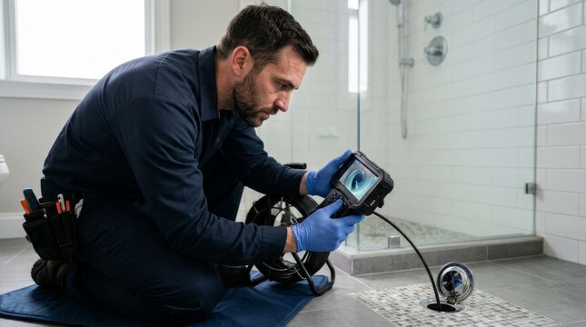 Man in blue coveralls kneels and uses handheld inspection camera in bathroom.
