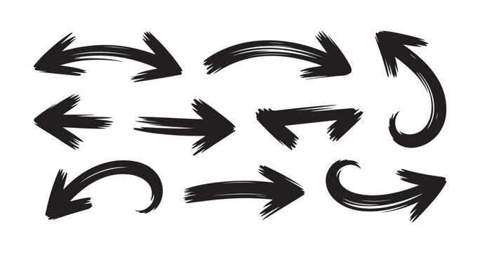 Collection of black hand drawn brush stroke arrows on transparent background design vector elements.