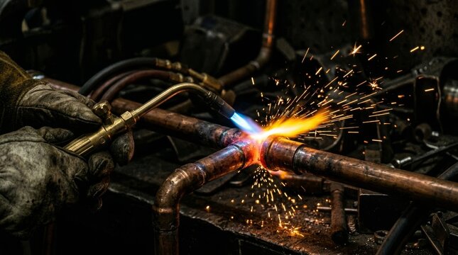 A worker welds copper pipes with a torch and bright sparks.