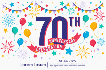 70th years anniversary celebration emblem logo isolated with balloons, bunting flag, ribbon, fireworks and stars. vector illustration template design for web, flyers, poster, greeting card  © thitiwat