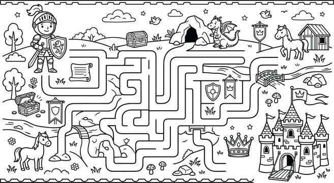 Medieval knight maze puzzle and coloring book page vector illustration featuring a castle dragon horses and treasure chests