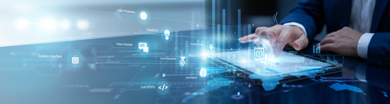 Data analyst touches the tablet to refine NLP models, processing complex human language patterns on a global map to improve automated communication and machine intelligence.