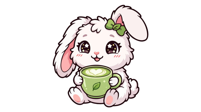 Cute kawaii white bunny rabbit holding a cup of hot green matcha latte art vector illustration