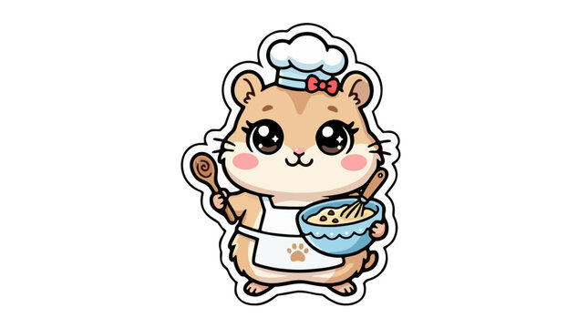 Cute cartoon hamster chef wearing apron and hat mixing batter in a bowl sticker vector illustration