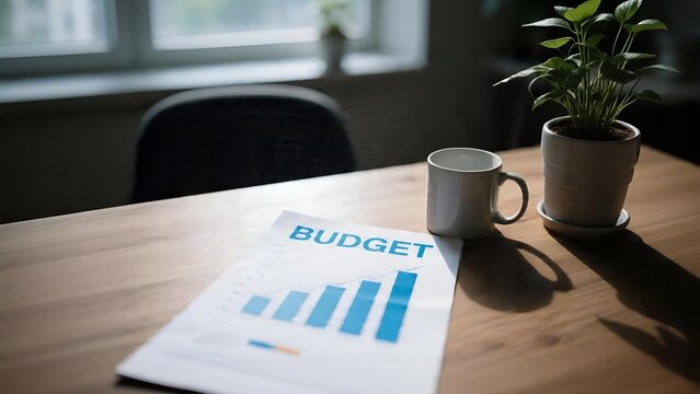 Financial Budget Report with Bar Chart on Office Desk.