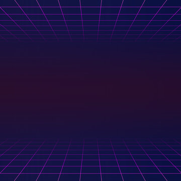 Retro synthwave neon grid background, digital perspective illustration, PNG