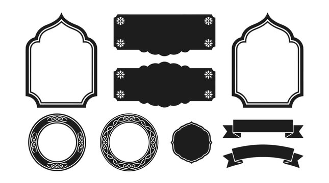 Set of decorative black ornate frames and vintage labels, victorian scroll borders, elegant flourishes, calligraphic dividers, rustic badge