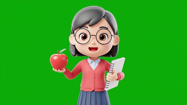 3D cartoon illustration of a friendly female teacher character wearing glasses, holding a red apple and a notebook, standing against a green screen background.