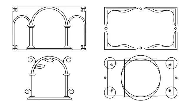Set of black linear decorative frames, calligraphic border elements, vintage scrolls and ornate arches for classic invitation and stationery design