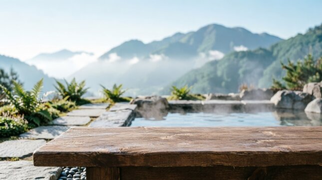 Wooden Table Top with Mountain View and Hot Spring for Nature Background