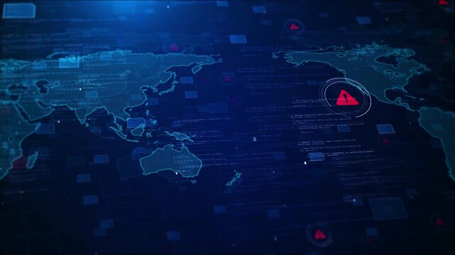 Cyber security world alert digital map, warning icons, code overlays, blue threat interface. hacking news, network defense data protection promos, software security, technology intros, alert overlays.