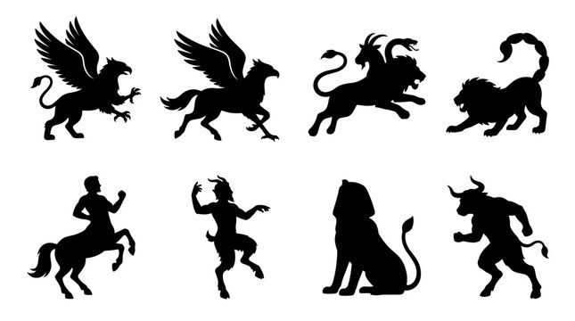 Set of black silhouettes featuring mythological creatures including griffin, centaur, chimera, and minotaur, classic legends, heraldic symbols
