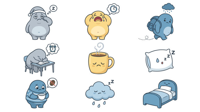 Set of cute overweight monster avatars with daily routines, sleeping, crying and drinking coffee, emoji collection for messaging apps