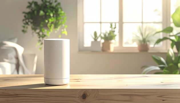 Smart speaker on wooden table with indoor plants and sunlight.