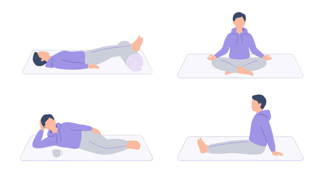 Collection of four illustrations showing a man performing different yoga poses for relaxation and flexibility on mats, calm and serene mood